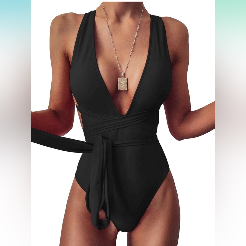 Lilosy Sexy Tie Criss Cross Plunge One Piece Thong Swimsuit High Cut Brazilian